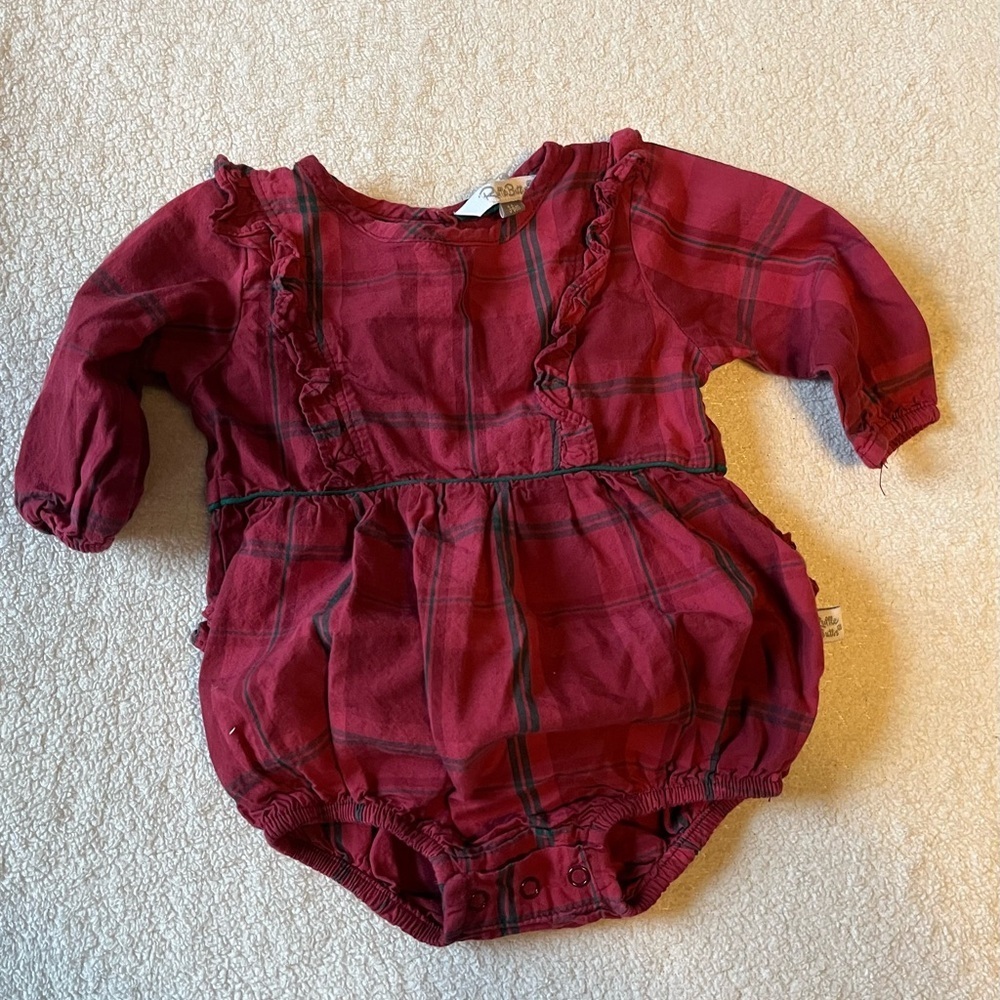 Ruffle Butts 3-6 months maroon plaid long sleeve onesie